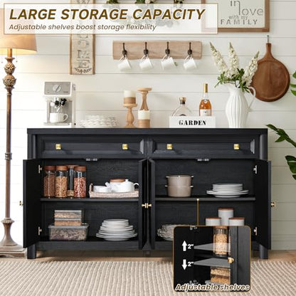 Credenza Storage Cabinet with 4 Doors and 2 Drawers, 59" Large Sideboard Buffet Cabinet, 32.1'' Tall Wood Buffet Table Coffee Bar Console Cabinets for Living Dining Room, Black