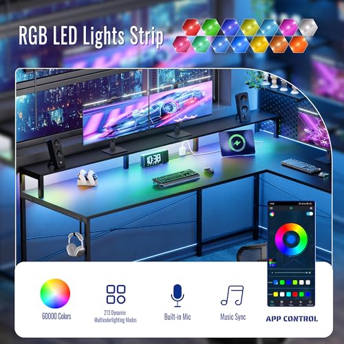 64 Inch L Shaped Gaming Desk with Power Outlets and Led Lights, Large Corner Computer Desk with Monitor Stand and Pegboard, PC Table for Home Office and Bedroom White