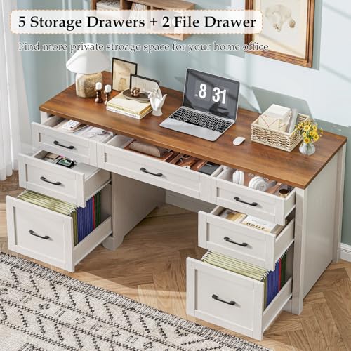Farmhouse 61'' Executive Desk with 7 Drawers, Rustic Office Desk Computer Table with File Drawers, Wood Workstation for Home Office and Study,Unique White