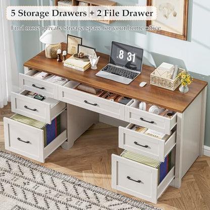 Farmhouse 61'' Executive Desk with 7 Drawers, Rustic Office Desk Computer Table with File Drawers, Wood Workstation for Home Office and Study,Unique White
