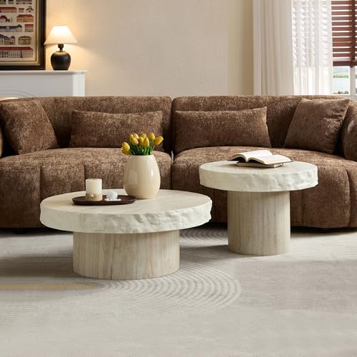 Set of 2 Round Coffee Tables for Living Room, 31.7" W x 13" H Faux Mars Circle Drum Pattern Modern Minimalist 23.82" W x16.93 Side Tables Accent End Table for Apartment, Office, Beige