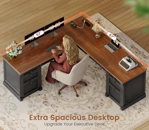 L Shaped Office Desk with 4 Drawers Storage, 67"x67" Executive Desk, view 5