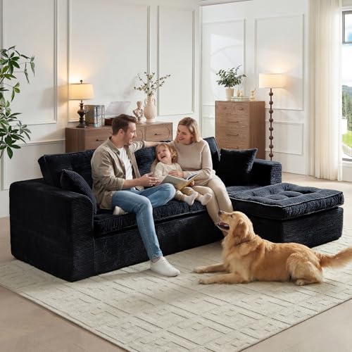 Cloud Couches for Living Room, Modern Modular Sectional Sofa with L-Shape Chaise, Boneless Couch with Deep Seat, Plush Corduroy, No Assembly Required (Black)