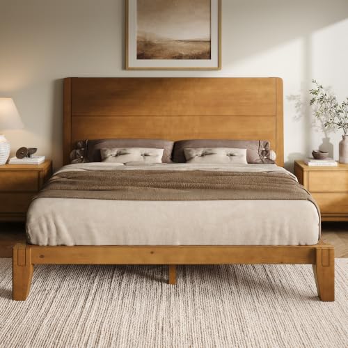 Solid Wood Queen Bed Frame with Headboard, Japanese Joinery, Brown, view 2