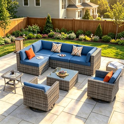 8 Pieces L Shaped Outdoor Patio Sectional Furniture With Swivel Chairs, view 2