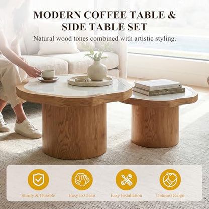 Nesting Coffee Table Set of 2, Modern Coffee Table and End Table Set, Fiberglass Top Wood Grain Accent Table for Living Room Bedroom, Natural Color