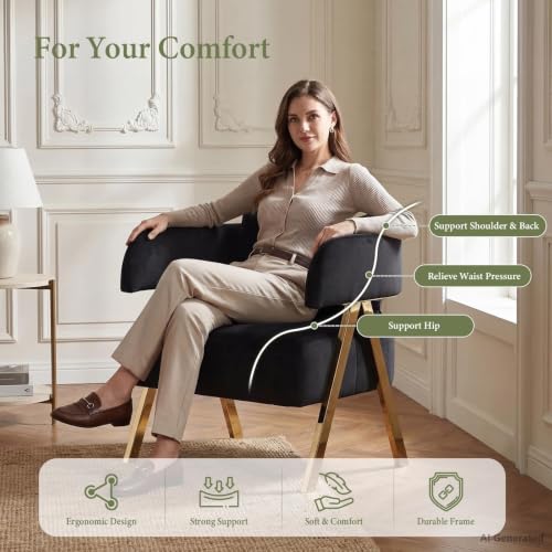 Modern Black Gold Velvet Accent Chairs Set 2, Barrel Armchairs Living Room | Comfy Reading Chairs, Living Room and Bedroom Seating, Curved Barrel Design, Gold-Tone Legs, Wide Seat, Small Space