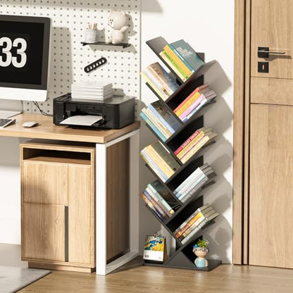 10 Tier Tree Book Shelf, Floor Standing Wood Bookshelf for Narrow Space, view 3