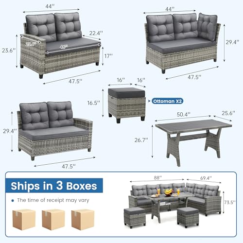6 Piece Patio Furniture Set, Dining and Conversation Set, Grey | UV Treated Wicker, Machine Washable Cushions, Seats 7, 2 Ottomans, 3 Sofa Section, Dining Table, Rustproof Frame