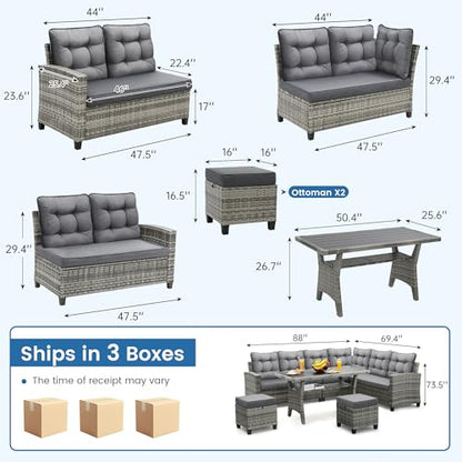 6 Piece Patio Furniture Set, Dining and Conversation Set, Grey | UV Treated Wicker, Machine Washable Cushions, Seats 7, 2 Ottomans, 3 Sofa Section, Dining Table, Rustproof Frame