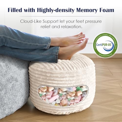 Round Pouf Ottoman,Corduroy Foot Rest,Beige,20x15 in, view 6