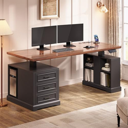 63" Farmhouse Electric Standing Desk with 3 Drawers, Storage Shelves, view 2
