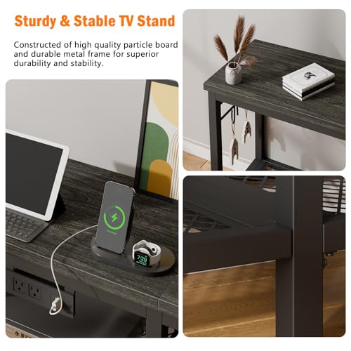 TV Stand with Power Outlets, Entertainment Center with Open Storage Shelves for TVs up to 55 Inch, Media Console Table with Soundbar Shelf for Living Room, Bedroom, Black Oak