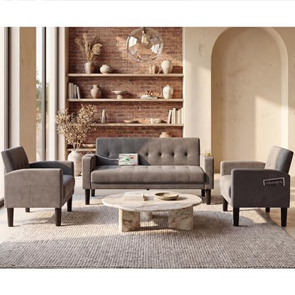 Sofa Couch, Living Room Furniture Sectional Sofa Sets 3 Pcs, Tufted Mid-Century Loveseat w/USB, Cupholders & Comfy Single Sofa for Small Space, Apartment, Office (Light Grey)