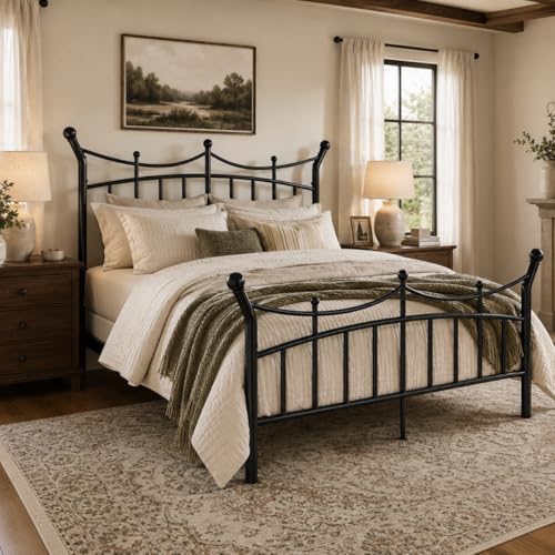 Full Size Metal Bed Frame, Victorian Crown Style, Black, view 4