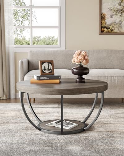 Round Coffee Table, 32" Circle Coffee Table for Living Room, 2-Tier Wood Accent Center Table with Open Storage Industrial Design Home Furniture (Grey and Black)