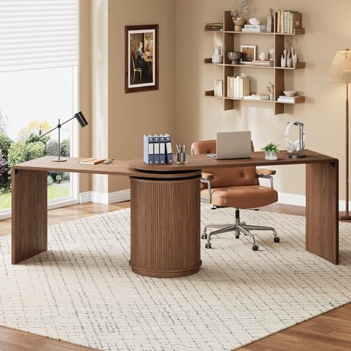 60 in L Shaped Desks,360° Rotating Swivel Corner Desk,Walnut, view 4