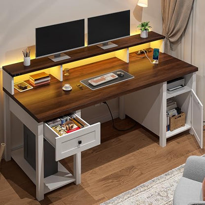 55" Farmhouse Writing Desk with Long Monitor Stand,Cabinet,Drawer, view 4