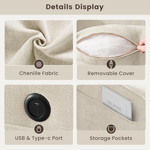 97" L-Shaped Sectional Couch with Storage, Sofa with Reversible Chaise, USB Type-C Charging, Chenille Fabric, Removable Covers, for Small Space, Apartment, Living Room (Beige, 53" Chaise)