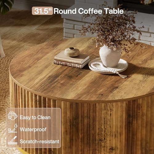 Tribesigns 31.5" Round Coffee Table, Fluted Wooden Center Table with Sturdy Drum Base, Mid Century Modern Furniture for Living Room, Small Space or Office, Rustic Brown