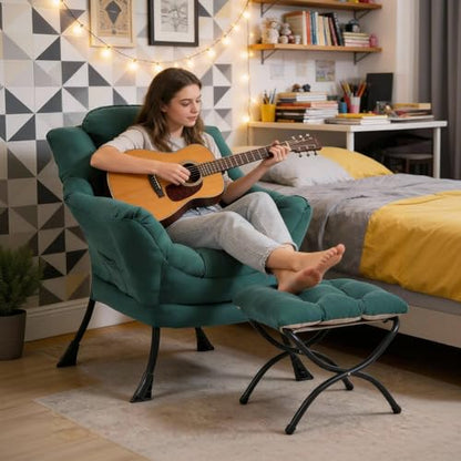 Lazy Chair with Folding Ottoman, Modern Accent Armchair with Armrests and a Side Pocket & Foldable Footstool, Reading Chair for Living Room, Bedroom, Dorm & Office, Dark Green