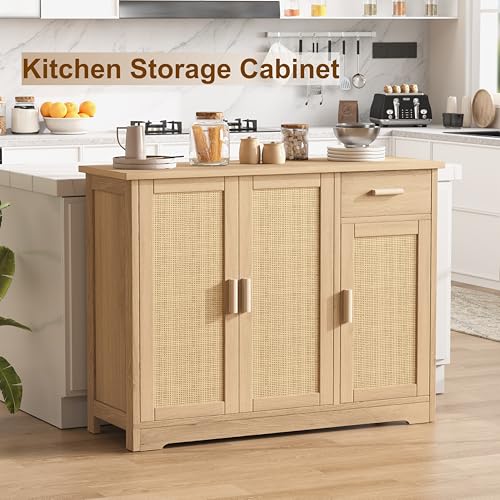 Rattan Sideboard Buffet Cabinet with Storage, Accent Kitchen Cabinet with 3 Doors & Drawer, Storage Cabinet with Adjustable Shelves, Coffee Bar for Living Room, Entryway, Natural Oak