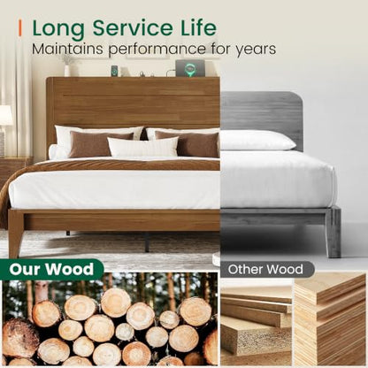 Queen Size Wood Platform Bed Frame with Mid-Century Modern Tall Headboard, view 7