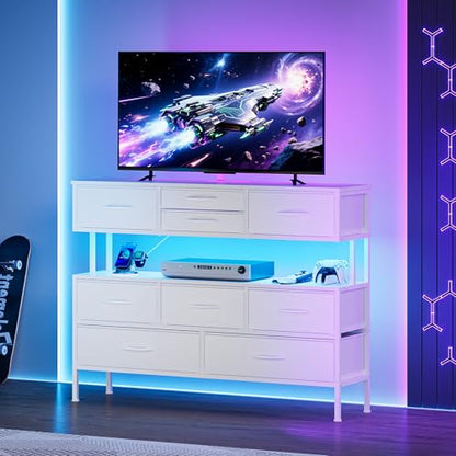 43.3" TV Stand for 55" TV, Entertainment Center with Charging Station and LED Light, Media Console Table with Drawers & Shelves, TV Stand for Living Room, White