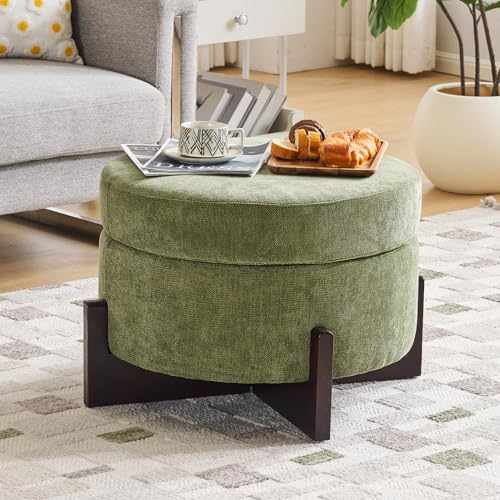26Inch Round Storage Ottoman, Modern Chenille Upholstered Ottoman with Storage, Ottoman Coffee Table with Removable Top, Footrest Stool for Living Room, Bedroom (Green)