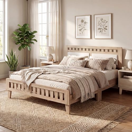 Queen Wood Bed Frame with Upholstered Headboard, view 2
