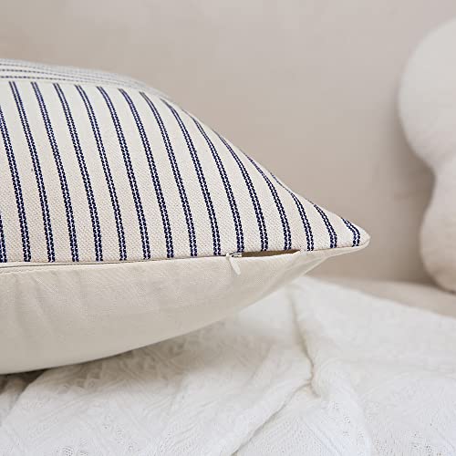 Navy Blue and Beige Patchwork Farmhouse Throw Pillow Covers 18 x 18 Inch, Pack of 2 Striped Linen Decorative Pillow Case for Sofa Couch Chair Bedroom Modern Decor(Navy Blue)