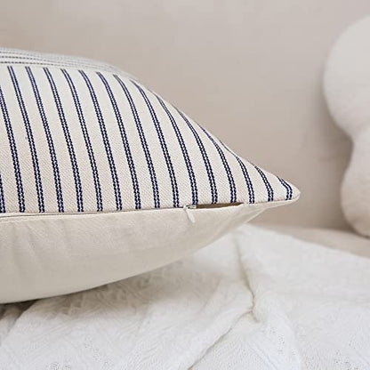 Navy Blue and Beige Patchwork Farmhouse Throw Pillow Covers 18 x 18 Inch, Pack of 2 Striped Linen Decorative Pillow Case for Sofa Couch Chair Bedroom Modern Decor(Navy Blue)