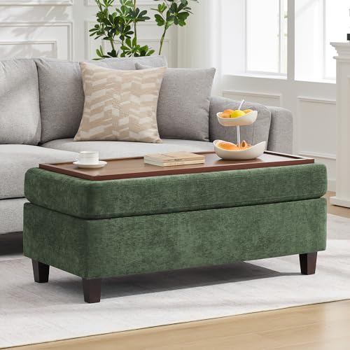 Large Green Chenille Ottoman with Wooden Leg Support for Living Room, view 2