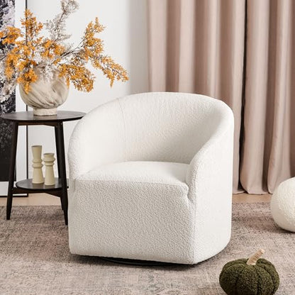 32" Wide Modern Boucle Swivel Barrel Chair, No Assembly Round Upholstered Swivel Accent Armchair for Living Room, Bedroom, Office (White)