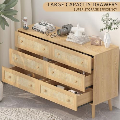 Rattan Dresser for Bedroom, Modern 6 Drawer Dressers & Chest of Drawers, Natural Boho Dresser with Handles Wood Storage Organizer Modern Dressers for Closet, Hallway, Office