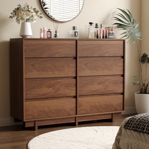 8 Drawer Walnut Dresser for Bedroom, 53" Wide Mid Century Modern Dresser, view 7