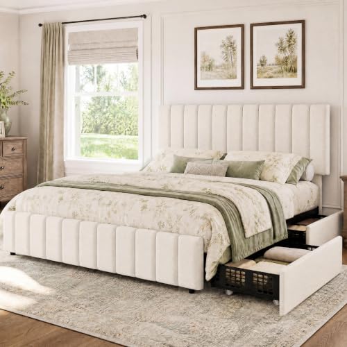 King Size Bed Frame, Linen Bedframe with 4 Storage Drawers, Beige, view 2
