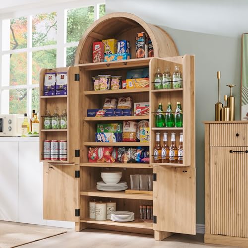 71" Tall Arched Bathroom Storage Cabinet, Modern Fluted Storage Cabinet w/Doors, 3 Adjustable Shelves, 6 Door Shelves, Wood Freestanding Cabinet for Bathroom, Entryway, Hallway, Natural