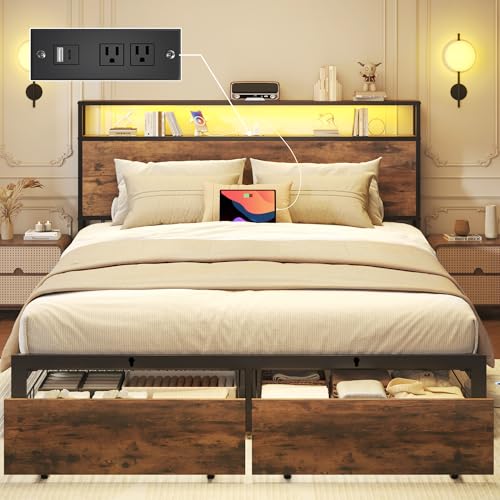 Rustic Brown Metal Bed Frame with Storage and Charging Station, view 2