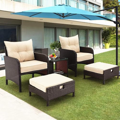 5 Pieces Patio Furniture Set, Outdoor Rattan Chairs with Tempered Glass Coffee Table, Ottomans & Soft Cushions, Wicker Conversation Bistro Set for Garden, Deck, Balcony, Poolside(Khaki)