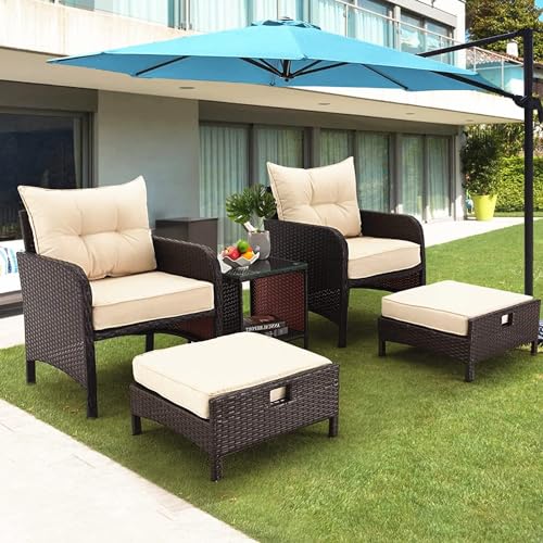 5 Pieces Patio Furniture Set, Outdoor Rattan Chairs with Tempered Glass Coffee Table, Ottomans & Soft Cushions, Wicker Conversation Bistro Set for Garden, Deck, Balcony, Poolside(Khaki)