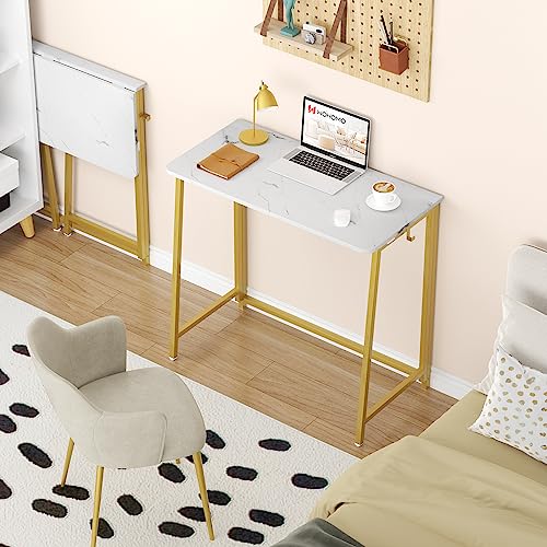 White Faux Marble Folding Desk, 31.5" Small Desk for Small Spaces with Gold Legs, Easy Assemble Foldable Computer Desk, Mini Portable Working Table for Home Office, White and Gold