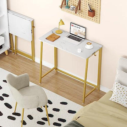 White Faux Marble Folding Desk, 31.5" Small Desk for Small Spaces with Gold Legs, Easy Assemble Foldable Computer Desk, Mini Portable Working Table for Home Office, White and Gold
