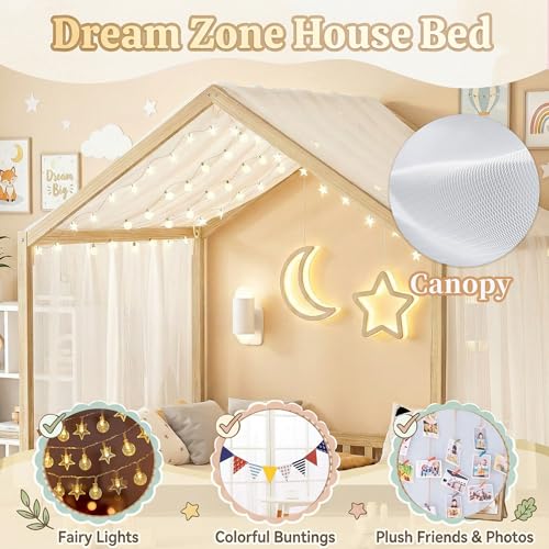 Full Montessori House Bed with High Rails & Canopy for Kids, Natural, view 4