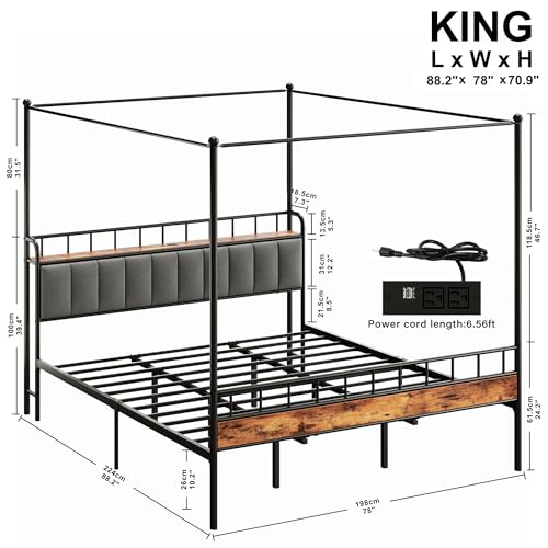 King Canopy Bed Frame, Storage Headboard with Charging Station, view 3