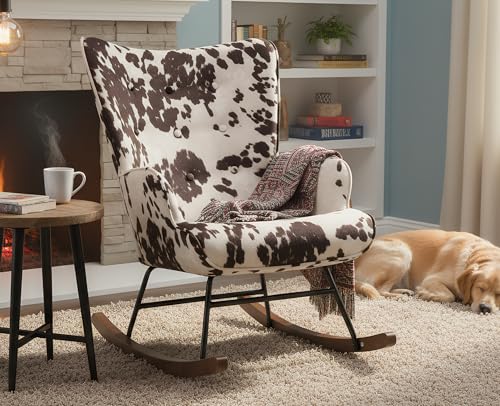 Nursery Rocking Chair Fabric Upholstered Rocker Chair Tufted Wingback Accent Chair with Wooden Base Modern Comfy Lounge Armchair for Bedroom Living Room, Cow