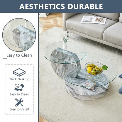 42" Glass Coffee Table｜Oval Coffee Table｜3-Tier Design with Oval Tempered Glass Tabletop｜Grey Marble Color Wooden Base｜Large Storage Space｜Smooth Edge｜Ideal for Living Room｜Easy Assembly