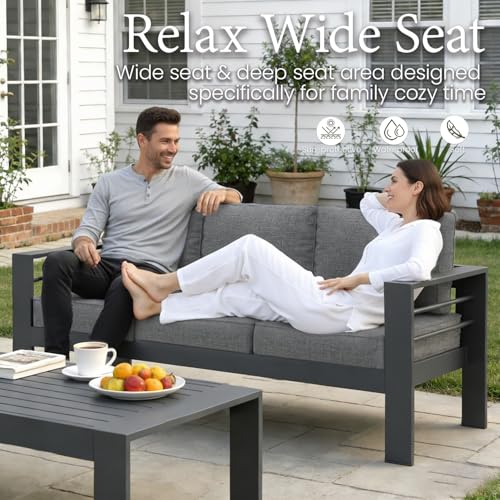 Aluminum Furniture Set with Fire Pit Table, 5 Pieces Patio Sectional Conversation Chat Sofa Modern Seating Set