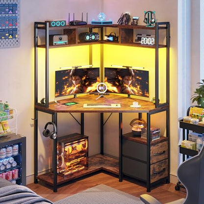 35.4" W x 63" H Corner Desk with Hutch & LED Lights, Triangle Corner Desk and Computer Desk with Drawers for Storage & Shelves and Hook, Office Desk for Bedroom Small Space, Rustic Brown