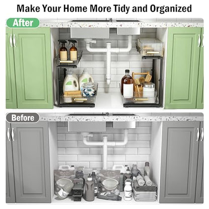 Under Sink Organizer - 2 Packs Multi-Purpose Pull-Out Storage Organizers, Slide out Pull out Cabinet Organizer Shelf, Storage for Kitchen Bathroom, Clear